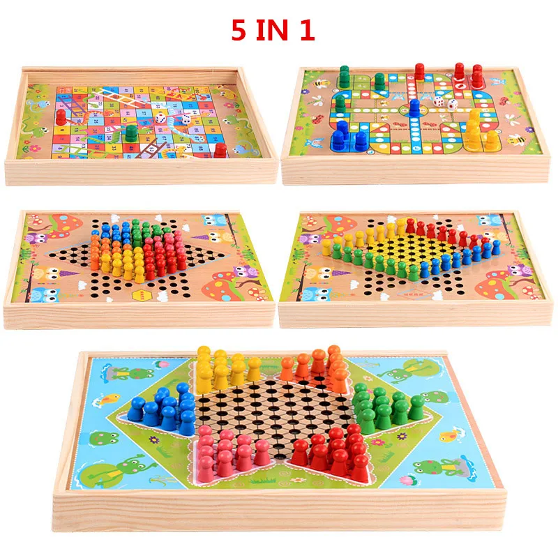 Wooden children's toys 3D Puzzle All in one flying chess, multi-function chess wooden chess 5