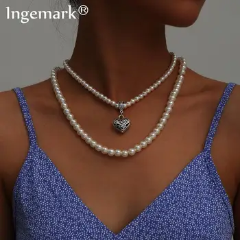 

Punk Goth Baroque Pearl Love Heart Pendant Choker Necklace Women Wedding Multi Layer Ancient Silver Color Chain Necklace Jewelry