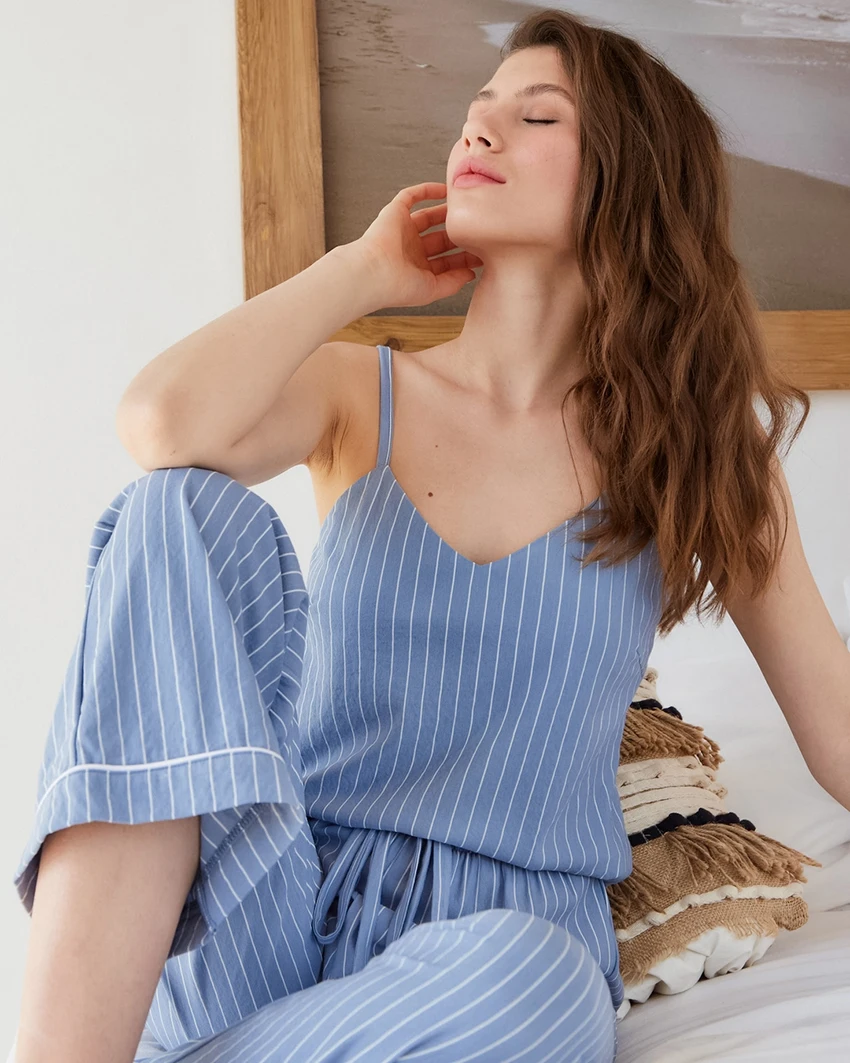 Waliicorners Nightgowns Spaghetti Strap Trouser Suits Home Wear Striped Sleepwear Cotton Pajamas 9 H8e76539c542e4a13a5d8dc2d96e625deu