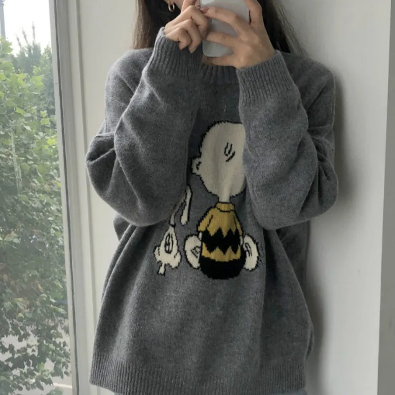 Neploe свободные сумасшедшие Стиль пуловер вязаный Pull Femme осень зима низ мультфильм шаблон свитер О образным вырезом повседневное с длинным рукавом Топ - Цвет: gray