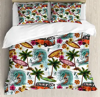 

Ocean Duvet Cover Set Hawaiian Surfer on Wavy Deep Sea Retro Style Palm Trees Flowers Surf Boards Print Decorative 3 Piece Bed