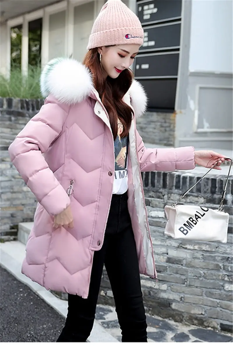 Зимняя куртка женская длинная Корейская одежда тонкое хлопковое пальто большого размера с большим меховым воротником новая парка пальто одноцветная f1788