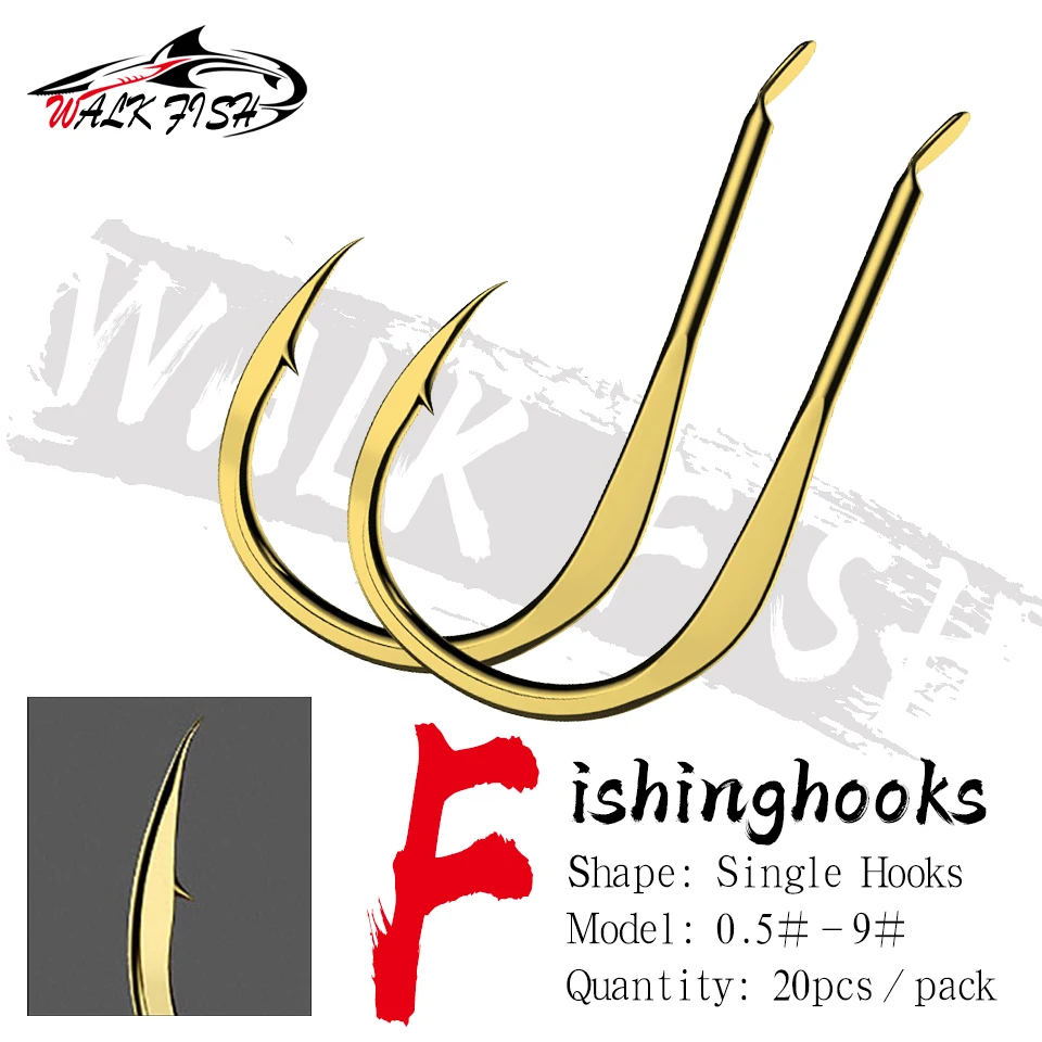 WALK FISH 20pcs/pack Fishing Hook Gold Single Jig Fishhooks Barbed Carp Sea Fly Accessories Tackle | Спорт и развлечения