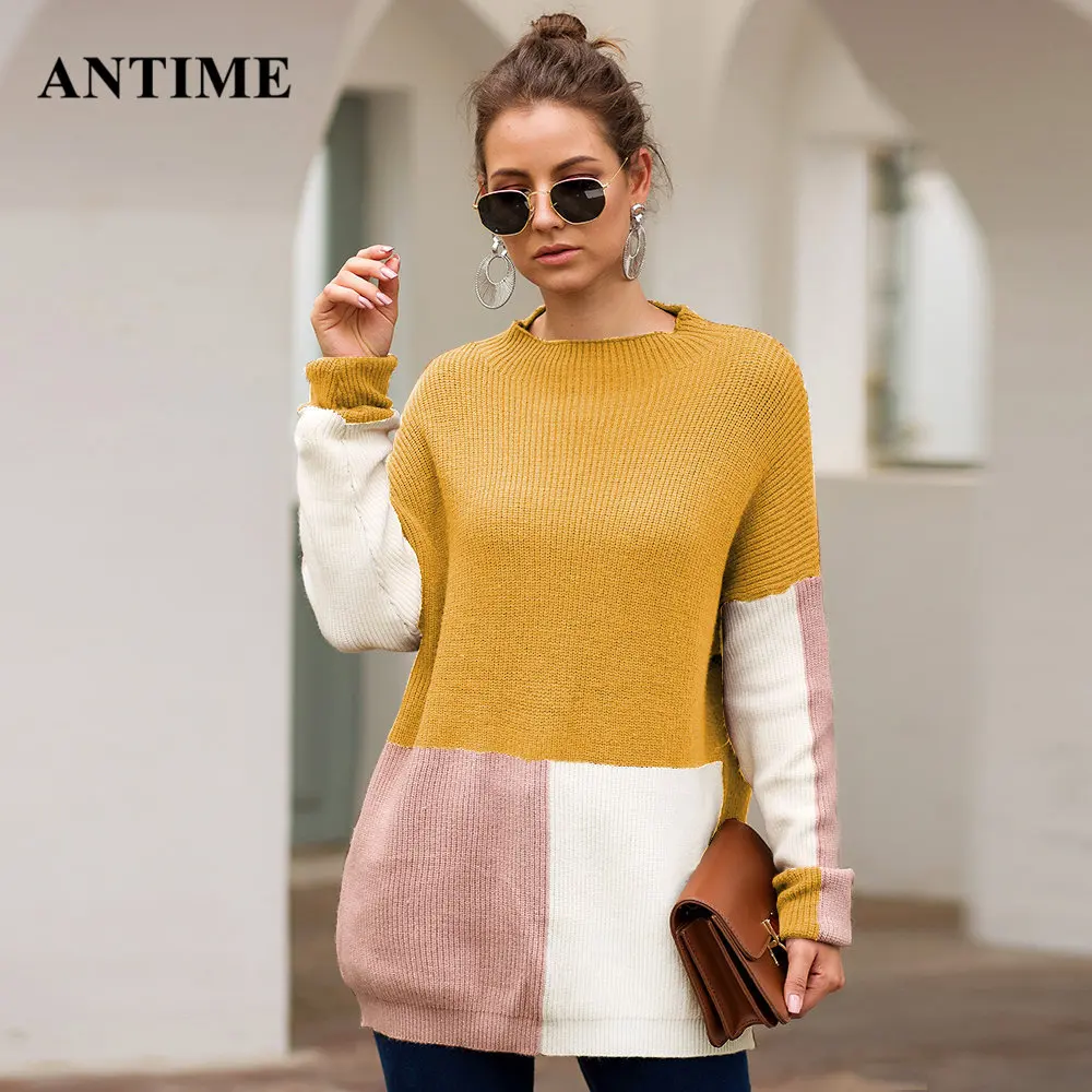 

Antime Fashion Patchwork Women Sweater Pullovers Loose O Neck Knitted Tops Long Sleeve Autumn Winter Women Jumper Femme