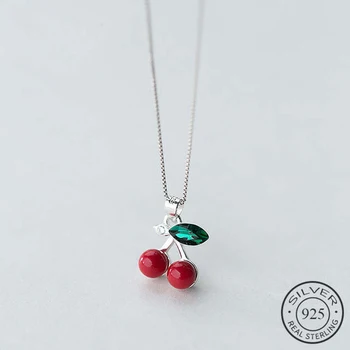 

Trendy Real 925 Sterling Silver Pendant Necklace Green Crystal Red Imitation Pearl Cherry Box Metal Chain For Women Gift