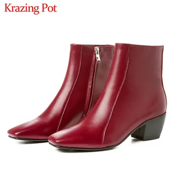 

Krazing Pot simple fashion basic genuine leather boots square toe high heels women winter keep warm solid zip ankle boots L19