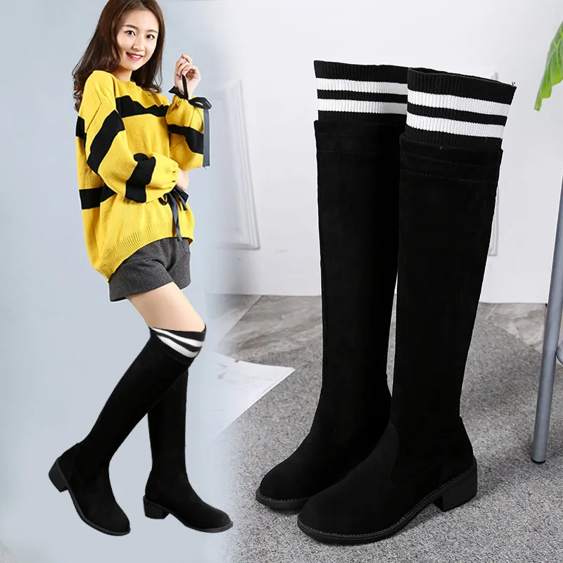 

Over-the-Knee Elasticity Boots Women's Autumn And Winter New Style plus Velvet Warm Women's Cotton Boots-Style Chunky-Heel Strip