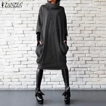 

2020 Plus Size ZANZEA Autumn Dress Women Casual Vintage Solid Turtleneck Long Sleeve Sundress Vestidos Female Asymmetrical Robe
