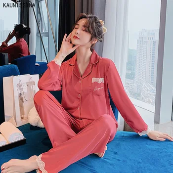 

Women Silk Satin Pajama Sets Turn-down Collar Sleepwear Long Sleeve Two Pieces Homewear Female Autumn Night Suit Loungewear