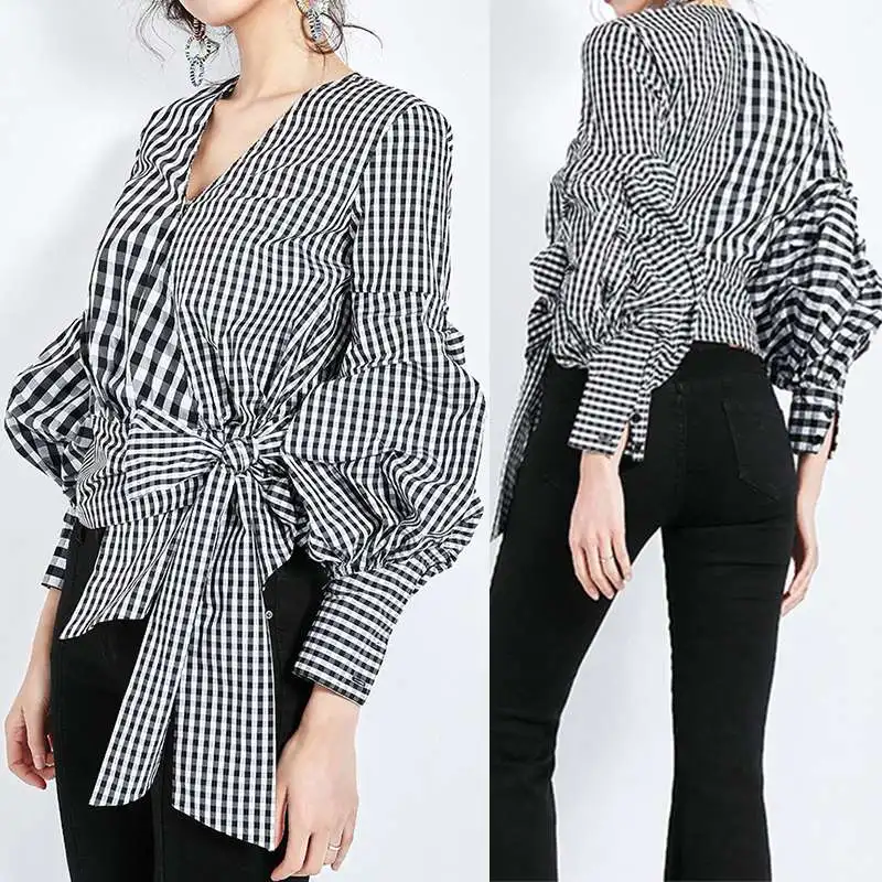 

Women's Irregular Blouse 2020 ZANZEA Fashion Check Shirts Casual Long Sleeve Blusas Female V Neck Bow Tie Tops Plus Size Tunic