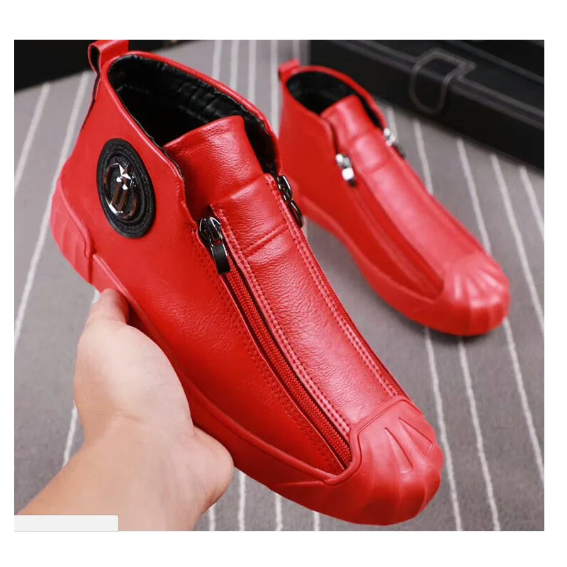 Wholesale Shell Cap Men Loafers Sheet Metal Gold Eagle Zip High Top Men Shoes Casual Leisure Hip Hop Flats Sneakers botas Hombre - Color: Red