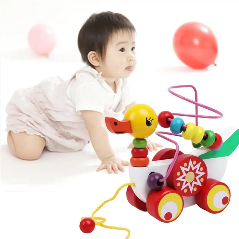 Детская деревянная утка вокруг бисер для игр Игрушка Дети Мини утенок на колесах дети мозги умная тренировка игрушки модель утки игрушка