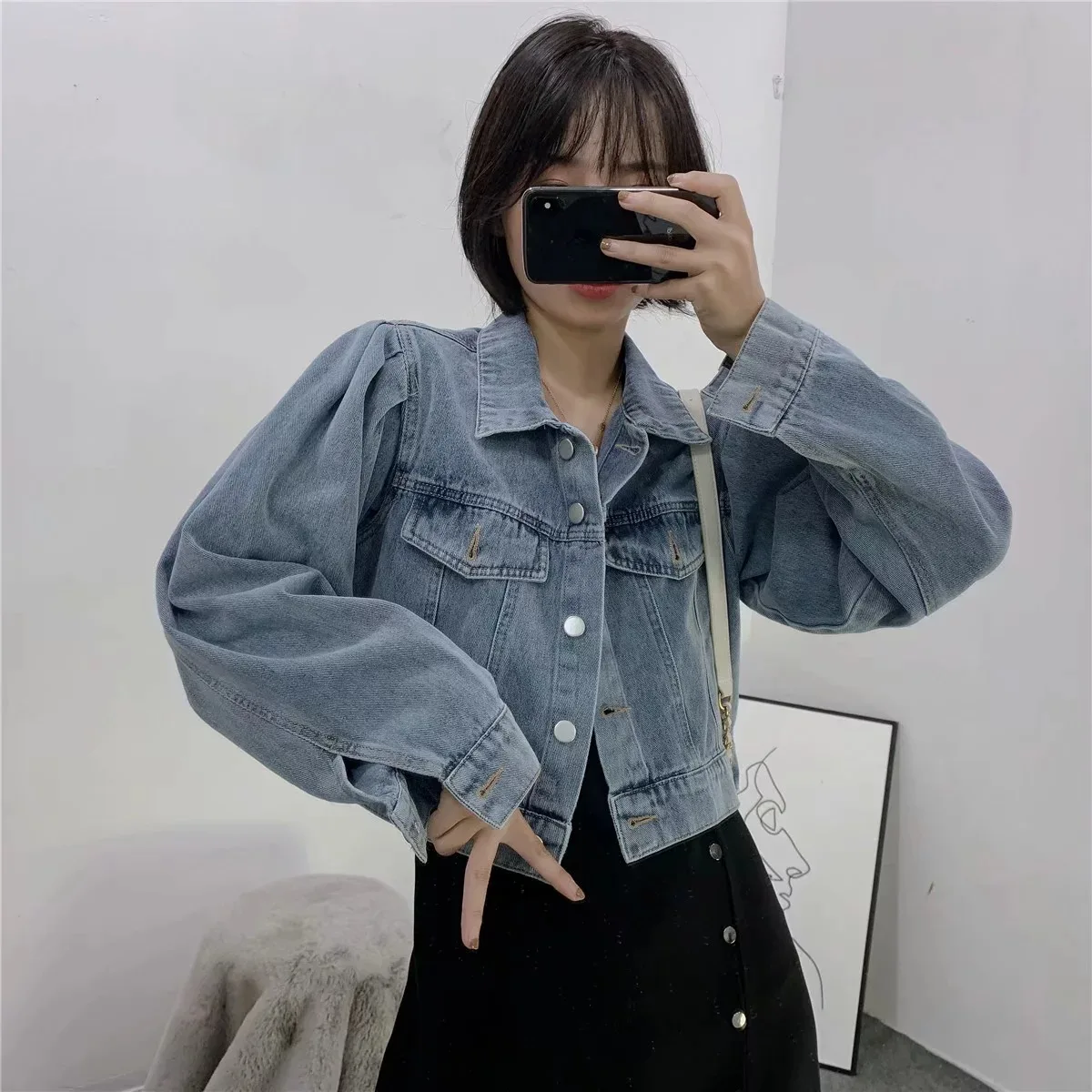

Western Style 2019 Autumn And Winter New Style Loose-Fit Long Sleeve Short Retro Hong Kong Flavor Cowboy Jacket Women's