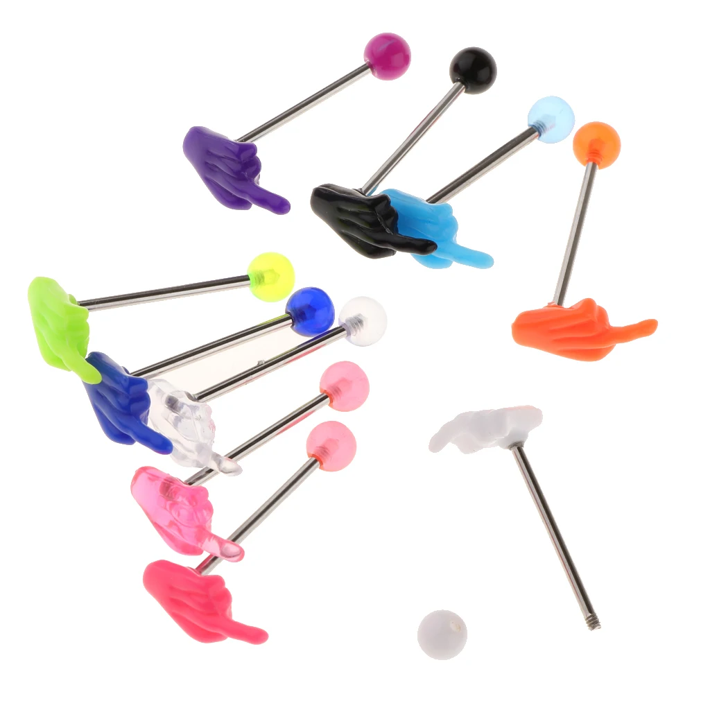 10Pcs 14g Tongue Barbell Labret Ring Ear Tragus Stud Earrings Piercing Jewelry - Middle Finger