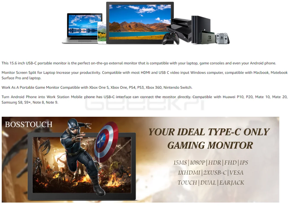 GeeekPi 15,6 дюйма 1920 × 1080 Портативный монитор с сенсорным экраном Full HD ips 60 Гц игровой монитор сердечного ритма Смарт Чехол 2xusb-Тип-C/Mini HDMI и DP