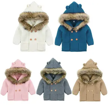 

2019 Toddler Kid Boy Girl Coat Knitted Fur Ears Hooded Solid Warm Outwear Coats Cardigans Winter Jacket Outfit