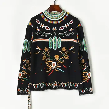 

Embroidery Floral Knitting Women's Sweater O Neck Long Sleeve Bandage Female Sweaters Autumn Vintage Fashion New