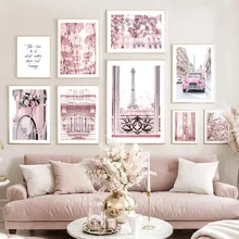 

Pink Paris Tower Window Sill Flower Car Bike Nordic Wall Art Canvas Painting Posters And Prints Pictures For Living Room Decor