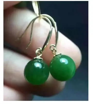 

free shipping noble jewelry Genuine AAA 8mm natural perfect round green jade dangle earrings 14k gold hook