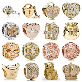 

PDB ZZ 02 100% Sterling Silver 925 Jewelry Original Model 1:1 Gold Crown Heart Lock Bright Mother's Day Heart Source Jewelry