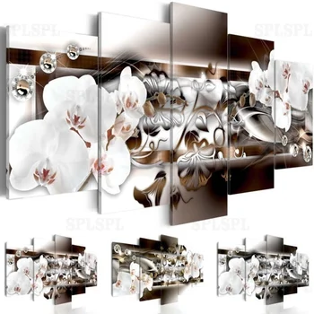 

2019 Fashion Wall Art Canvas Painting 5 Pieces Red Yellow Purple Diamond Lilies Flower Modern Home Decoration No Frame