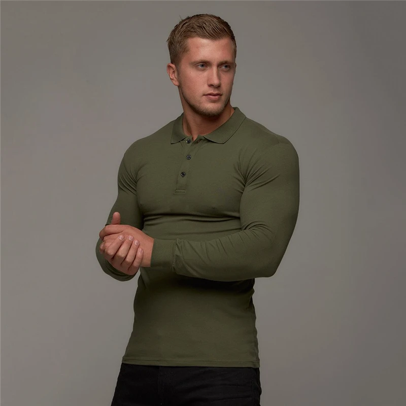 Новая брендовая хлопковая дышащая мужская рубашка поло для фитнеса, мужская хлопковая рубашка с длинным рукавом, брендовая одежда, осенние мужские рубашки поло - Цвет: Армейский зеленый