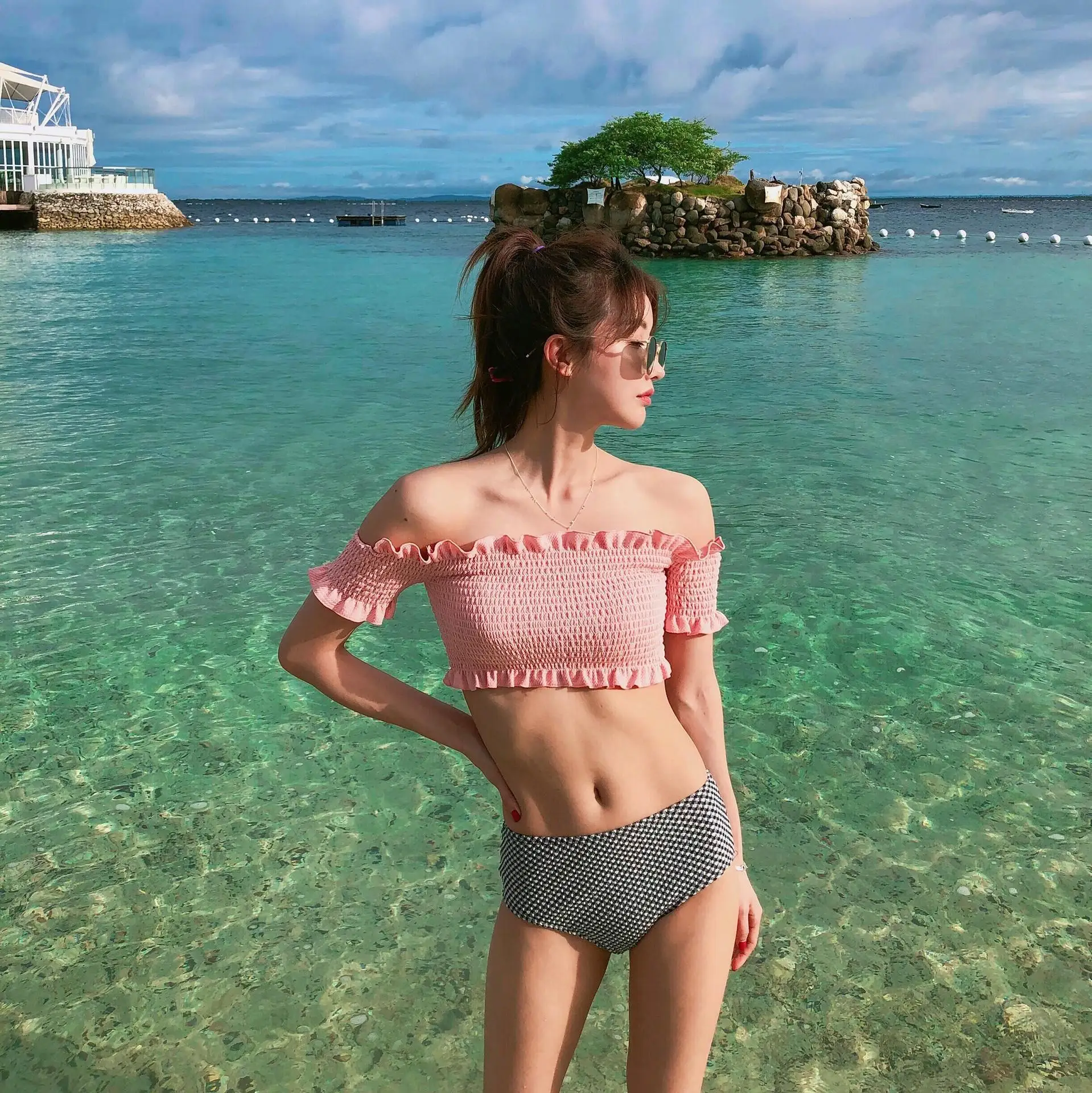 

South Korea Fresh And Lovely Frilled Short Sleeve Bikini for Small Tube Top Underwire Push up-Two-piece Swimsuits Women's Holida