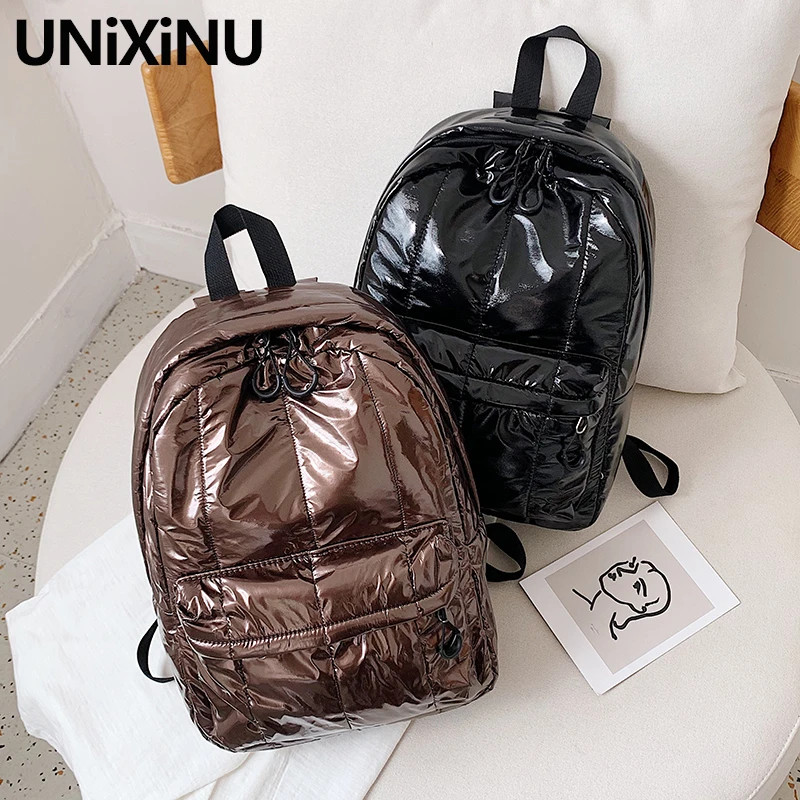 Winter Warm Ultra-Light Fluffy Space Women's Backpack Glossy Nylon Female Travel Bag Quilted School Backpack for Girls Teenager