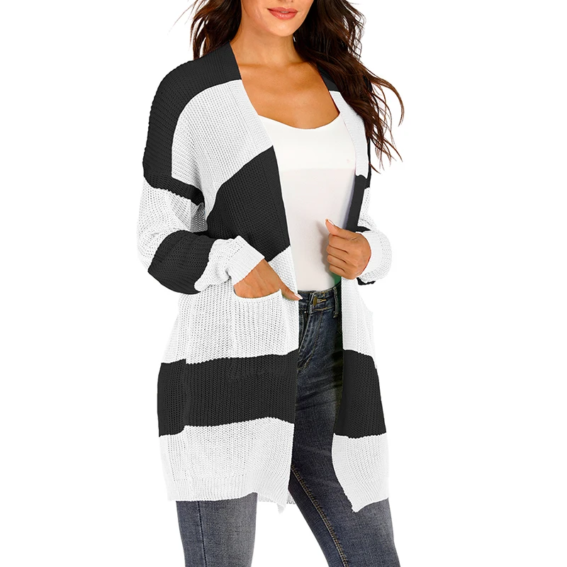 New Plus Size Cardigans Women Striped Long Wild Sweater Office Lady Commuter Loose Cardigan Black White Female Casual Sweater New Plus Size Cardigans Women Striped Long Wild Sweater Office Lady Commuter Loose Cardigan Black White Female Casual Sweater