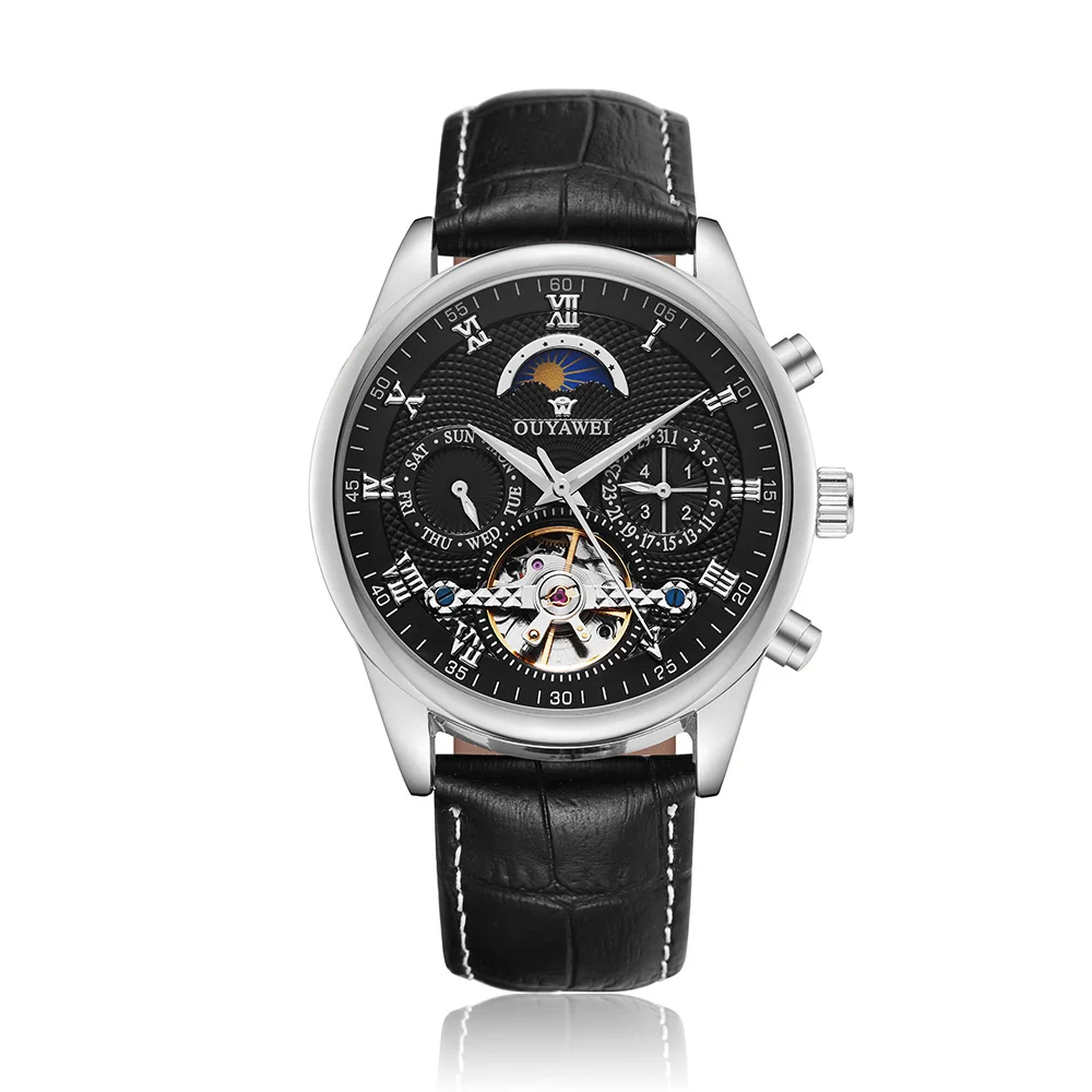 OUYAWEI Мужские автоматические механические часы Time Moon Phase display Классическая Роза Золотая Кожа механические ручные часы Reloj Hombre