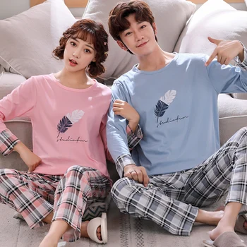

Autumn Pajamas Cotton Couple Pajamas Set Women's Pajamas Lover Pajamas Home Wear Plaid Pattern-5131
