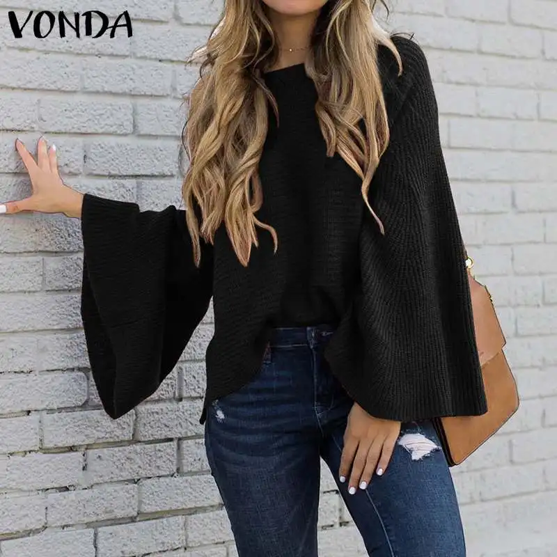  VONDA Autumn Winter Long Sleeve Tops Women Solid Color Pullover Shirts Plus Size Bohemian Party Blu