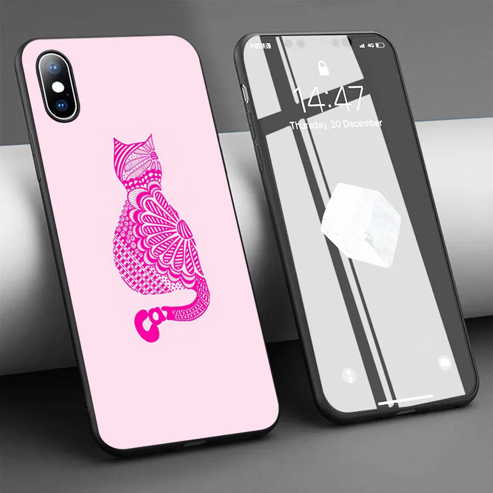 Coque pink cat floral Soft Silicone Phone Case for iPhone 11 Pro Max X 5S 6 6S XR XS 7 8 Plus Cover | Мобильные телефоны и