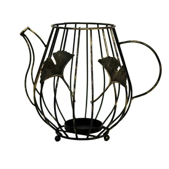 

1PC Small Metal Art Candlestick Tea Pot Shape Candelabrum Hollow-out Candle Holder European Style Candle Stand Black Golden