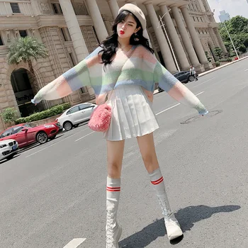 

QRWR Women Sweater 2020 Fashion Sweet V Neck Long Sleeve Rainbow Striped Knitted Pullover Elegant Korean Loose Sweater Women