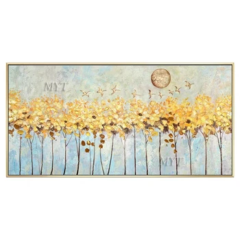 

Under The Golden Sun A Flock Of Wild Geese Flew Over A Row Of Yellow Trees Landscape painting Handpainted Wall Art Home Decor