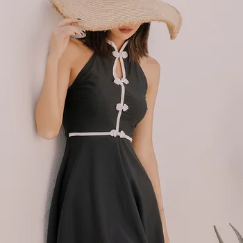 

Swiming Suit Women One Piece Swimwear 2019 May Female Beach 1 Swimsuit Korean New Retro Thin Ins Style Fake Solid Polyester