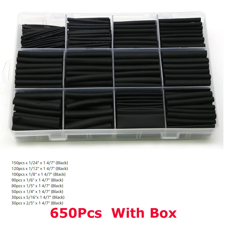 650Pcs Heat Shrink Tubing Kit-Wire Cable Wrap Ratio 2:1 Insulation Protection Black | Игрушки и хобби