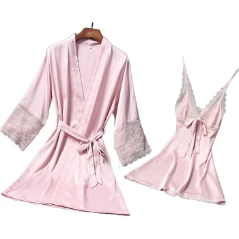 

Lightweight Bath Robes for Women Pajamas Set Solid Color Lace Sexy Nightgown Summer Sauna Satin Smooth Femme Sleepwear
