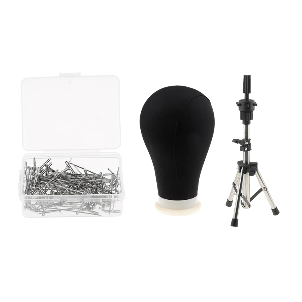 22in Professional Cork Canvas Block Mannequin Head For Wigs With Stainless Steel Adjustable Tripod Stand and 100pcs 3.5cm Pins