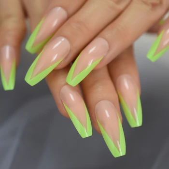 

Super Long Glossy Nude Pink Green French Smile Line Tips Shiny Ballerina Fake Art Nails Coffin Salon False Nails