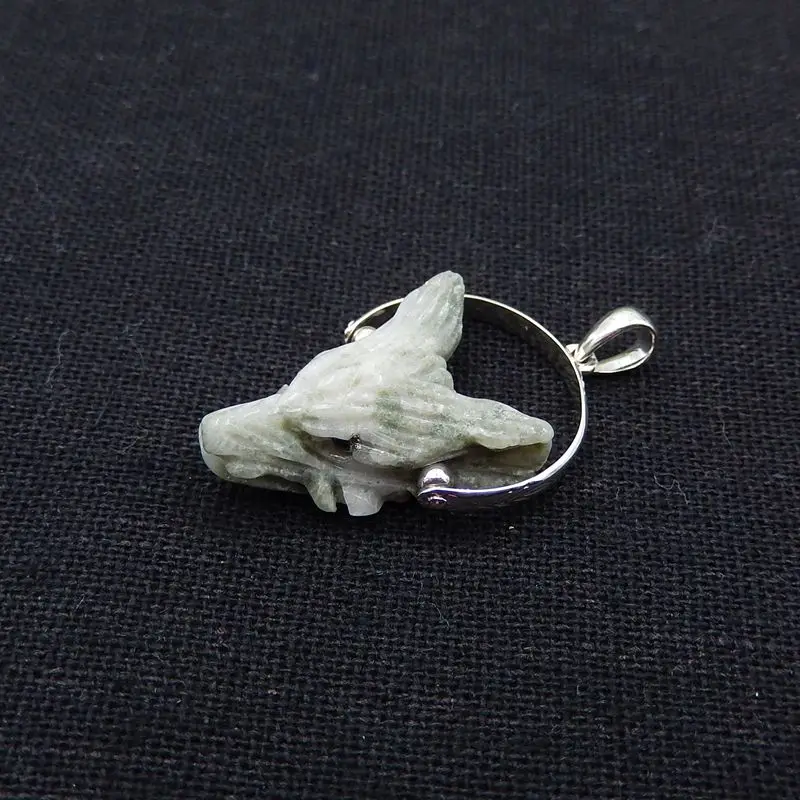 Carved Wolf Head Pyrite Gemstone Pendant Bead, 925 Sterling Silver Buckle.30x19x9mm,3g