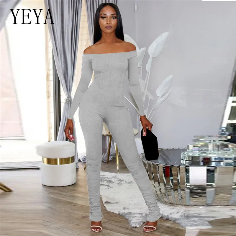 

YEYA Women Casual Stretch Strapless Stacked Leggings Jumpsuit Bodycon Elegant Long Sleeve Ruched Rompers Skinny Overalls