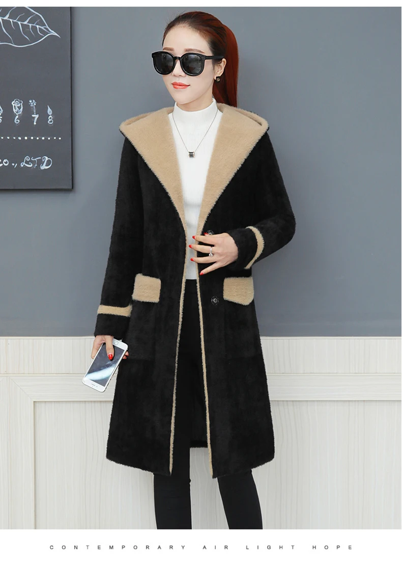 HANZANGL Women cardigan coat winter new fashion hooded thick gold velvet Jacket Long Sweater Coat beige/black/caramel/khaki