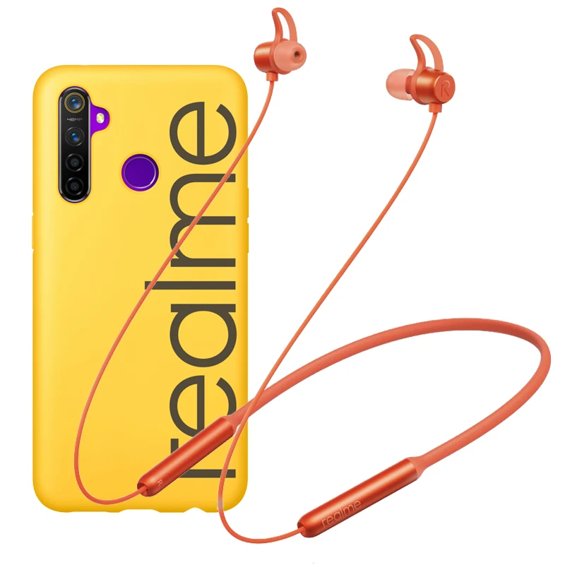Чехол realme Q 5 Pro PU+ TPU устойчивый к царапинам дизайн для камеры, экран эскорт анти-падение 3D горячий процесс нажатия - Цвет: Orange Earphone