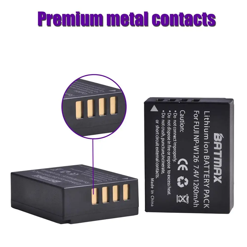 Batmax NP-W126 NP-W126S Battery+LED Dual USB Charger&Type C Port for Fujifilm HS30EXR HS33EXR X-Pro1 X-E1 X-E2 X-A1 X-A2 X-T20