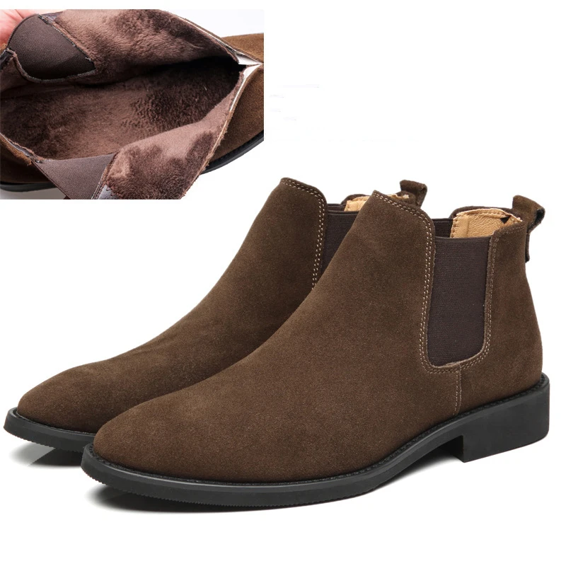 Brown with Fur DESAI/мужские ботинки «Челси»; высокие ботинки из натуральной кожи; Модные Ботинки martin из коровьей замши в английском стиле; бархатные мокасины; мужские ботинки - Цвет: Brown with Fur