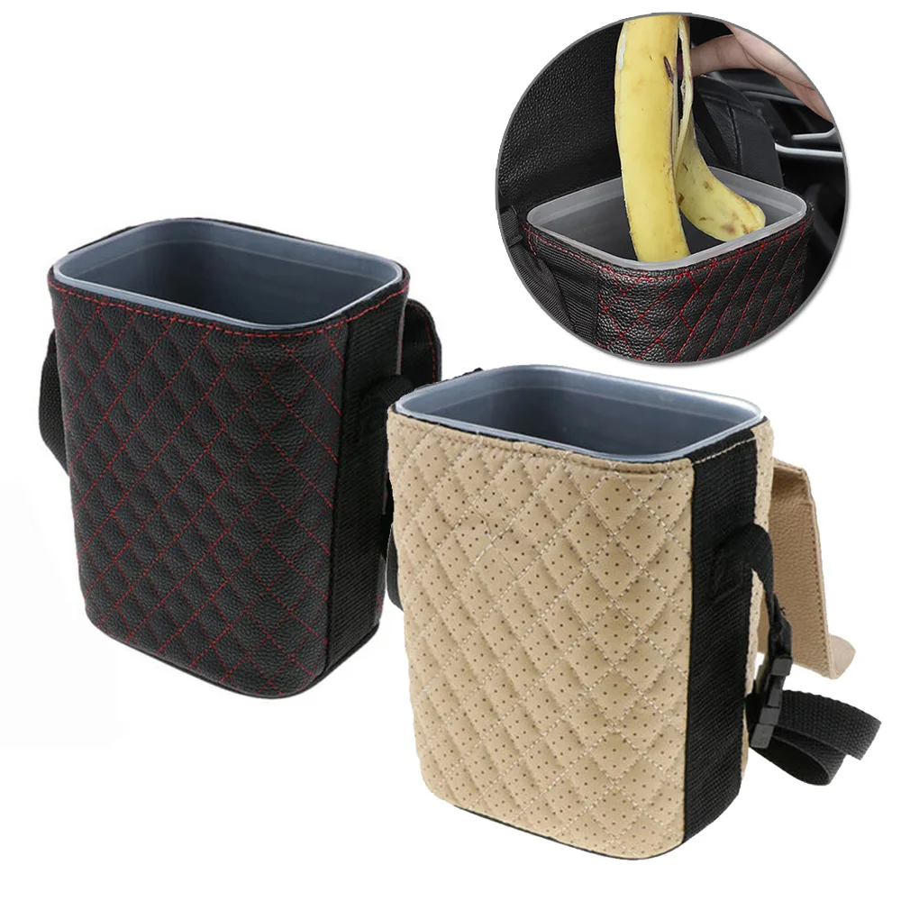 

1pc Car Waste Basket Trash Can Garbage Bin Holder Organizer Storage Box PU Leather Black Beige Accessories