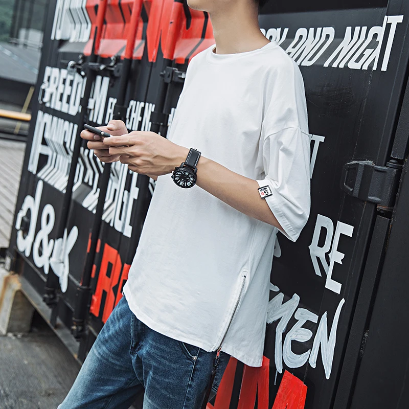 Мужская футболка в стиле хип-хоп с лентами на боковой молнии и коротким рукавом, уличная Хлопковая мужская футболка, Мужская футболка средней длины