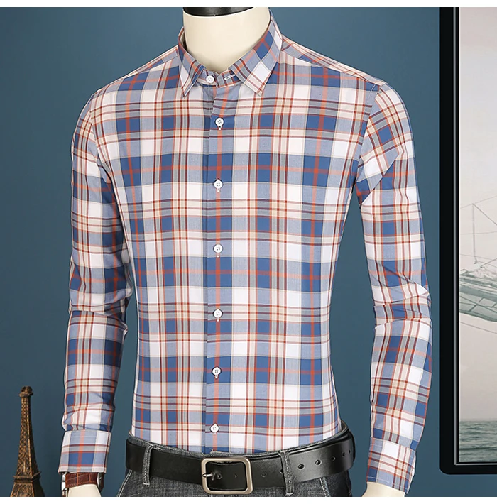 Men's Fashion Versatile Plaid Checkered Cotton Shirt Casual Standard-fit Long Sleeve Pocketless England Style Gingham Shirts